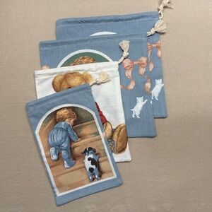 Blue and White Drawstring Bags Set with Vintage Style Child and Dog Design NWT